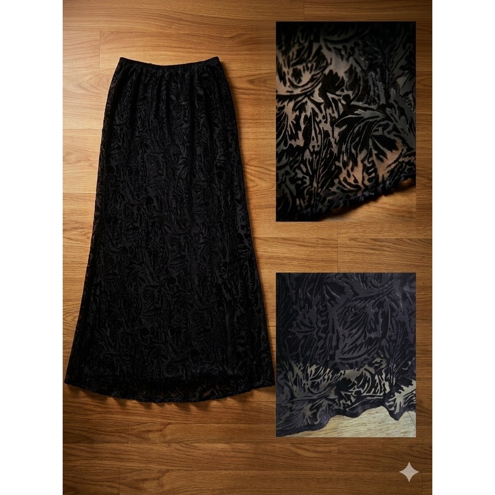 90s Black Burnout Velvet Floral Pull-On Maxi Skirt Size 10 Silk Blend Goth Vamp